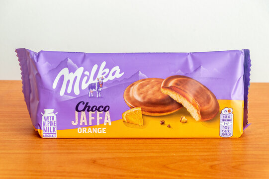Pruszcz Gdanski, Poland - March 8, 2026: Milka choco jaffa orange cakes.