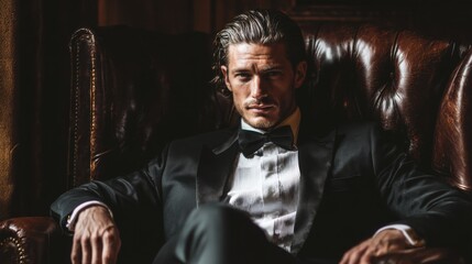 Obraz premium Elegant man in a tuxedo sitting in a leather chair, looking serious. 