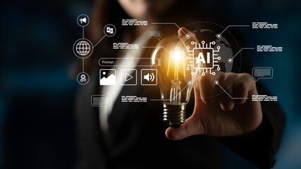 Fototapeta premium A businesswoman presents a light bulb symbolizing innovation and AI technology, surrounded by graphical elements that highlight digital advancement and solutions in modern business practices. Ledger