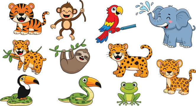 Cute Jungle Animal Vector Set Featuring Tiger Monkey Parrot Elephant Leopard Sloth Snake Toucan Frog Cartoon Characters for Kids Design Flat Illustration Collection