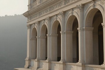 Fototapeta premium An ancient Roman temple stands proudly in warm sunlight, its intricately carved stone columns and arches radiating a sense of serene grandeur.