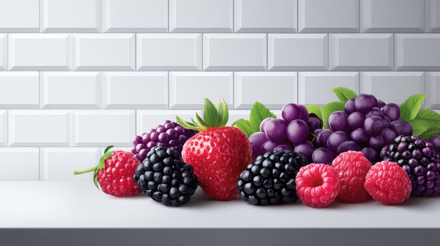 Assorted fresh berries including raspberries, blackberries, strawberries, and grapes are displayed beautifully on a sleek white counter against a white tile backsplash.