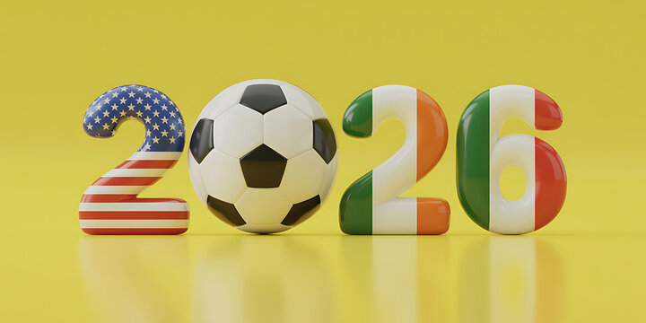 American and Irish flags with soccer ball on yellow background  2026 FIFA World Cup