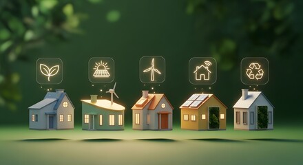 Obraz premium Line of miniature colorful toy houses floating with glowing eco friendly energy icons above them