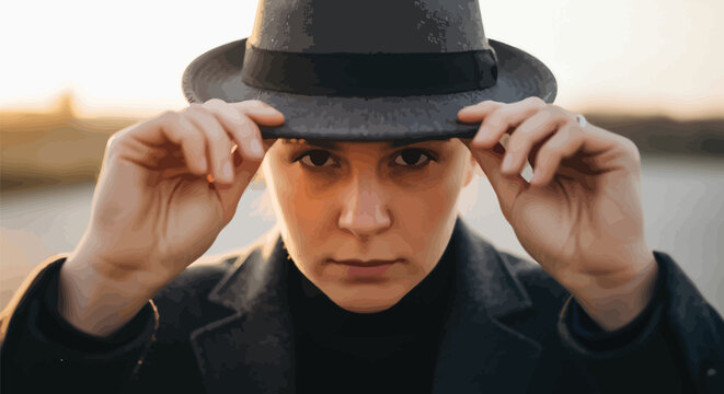 Woman in a stylish gray hat adjusting it with both hands
