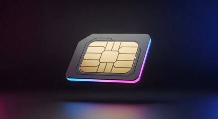 Floating black sim card with glowing neon blue and pink illuminated edges © emwe studio