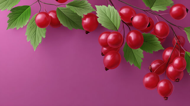 A vibrant arrangement of red currant berries hangs gracefully from a delicate branch adorned with lush green leaves against a soft magenta background creating beauty.