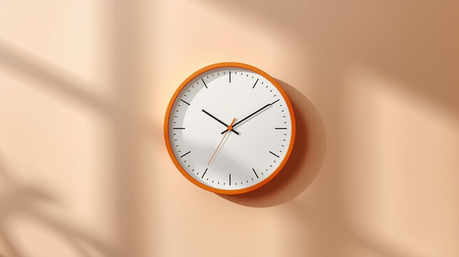 Minimalist wall clock displayed on a pastel wall features a simple modern design with a round white face, thin black hands, and a warm orange frame.