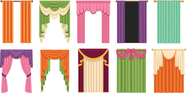 Set of decorative curtains in various styles and colors, window drapery collection for interior design isolated vector illustration
