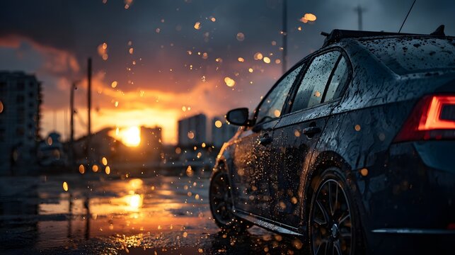 Moderner Sportwagen im Regen bei Sonnenuntergang mit atmosph&auml;rischem Stadtlicht