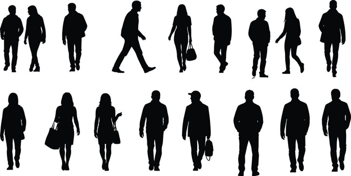 Human silhouettes collection, walking and standing poses, posture illustration, black and white artwork, lifestyle design, cultural figure, movement study