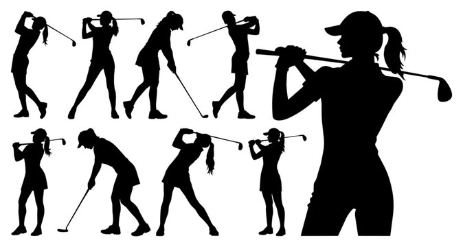 Female Golfers Silhouette Collection - Professional Women Athletes with Golf Clubs Isolated on Transparent Background