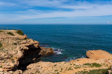 Fototapeta premium Beautiful sea landscape rocks and stones, caves and grottoes, Las Rotas nature reserve Denia, Alicante Spain Mediterranean sea