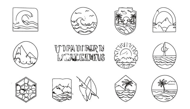 Coastal Elements Emblems: A collection of simple, monochromatic outline art emblems, representing diverse seaside and beach features, offering versatility for design projects.