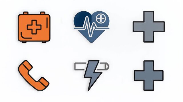 Flat Vector Icons Set for Automated External Defibrillator and Heart Health Illustration