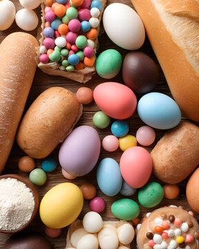 Colorful easter treats food market assorted candies festive atmosphere top view