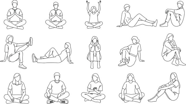 Seated human poses, relaxed positions, meditation silhouettes, posture illustration, minimalist line art, casual sitting, body language artwork, design reference