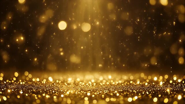 Golden Light Particles Floating in Dark Atmosphere with Bokeh Effect and Glowing Dots
