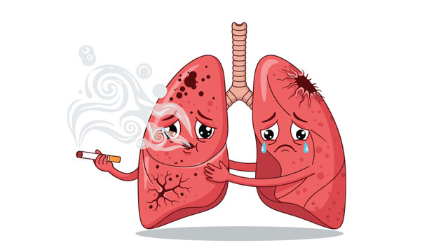 Educational illustration featuring sad lung characters to show the harmful effects of smoking on human health and respiratory system.