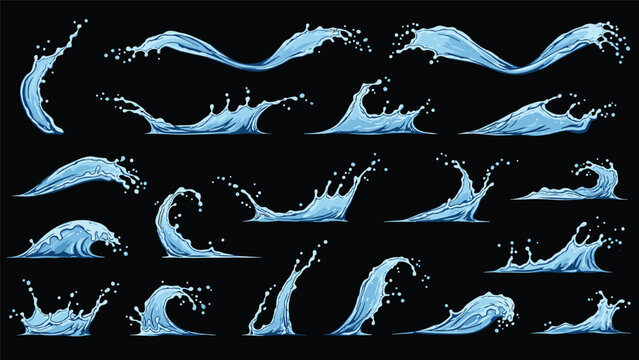 Collection of various dynamic water splashes and wave shapes in a clean blue color against a solid black background for design.