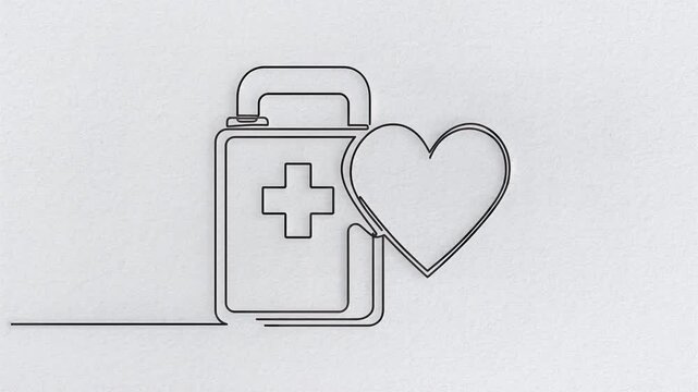 Minimalist continuous line drawing of an automated external defibrillator and heart symbol