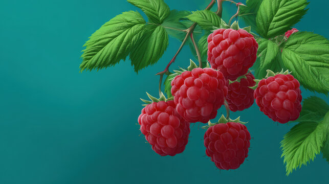 Branch with vibrant red raspberries and green leaves hangs against a cool teal backdrop, creating a colorful and inviting image of nature's bounty and beauty.