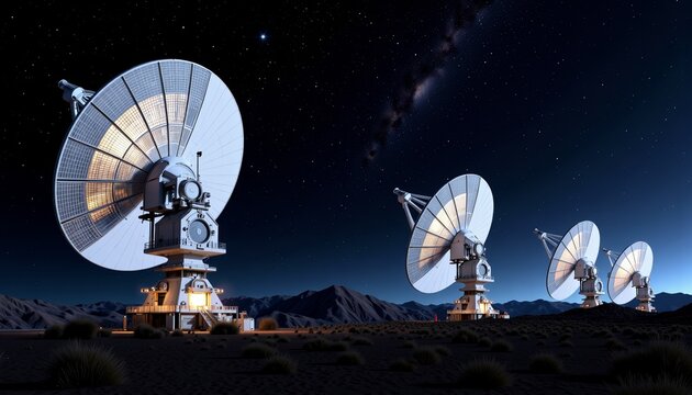 Row of Large Radio Telescopes Under a Starry Night Sky Capturing Cosmic Signals for Astronomical Research and Deep Space Exploration