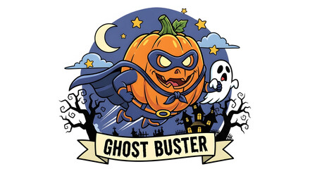 Fototapeta premium Superhero Pumpkin and Ghost Busters Halloween Scene