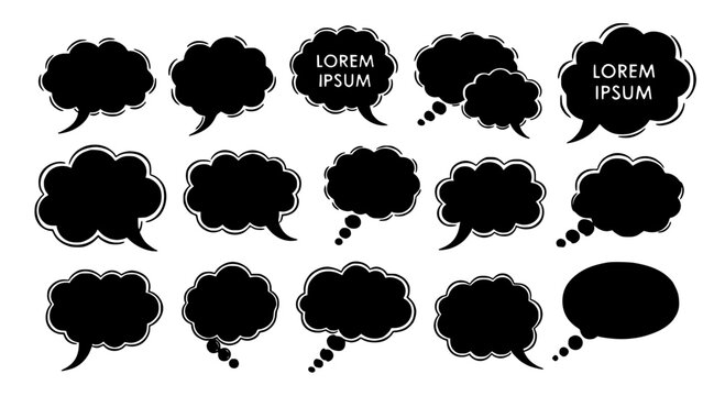 Speech bubble icons in black with white outlines, various shapes and sizes, for comic books and digital design