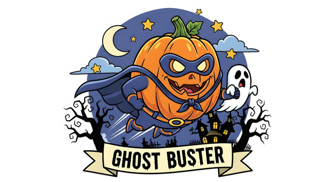 Superhero Pumpkin and Ghost Busters Halloween Scene