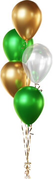 Balloon bouquet in green, gold, and transparent white, isolated on a transparent background. A bunch of realistic balloons for St. Patrick&rsquo;s Day, eco-themed, and spring party designs.