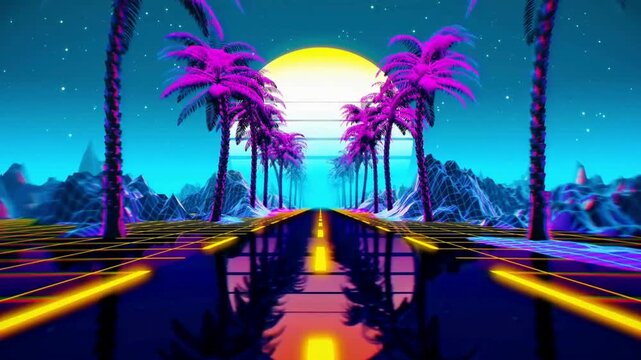 Retro futuristic digital landscape with neon palm trees and a glowing sun over endless road