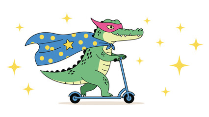 Obraz premium Whimsical illustration of a green crocodile wearing a blue superhero cape and pink mask while riding a blue kick scooter among stars.