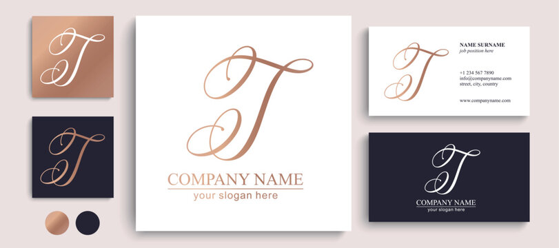 Elegant T letter logo monogram in luxury style with flowing calligraphy lines, premium branding template for boutique, beauty salon and wedding business 