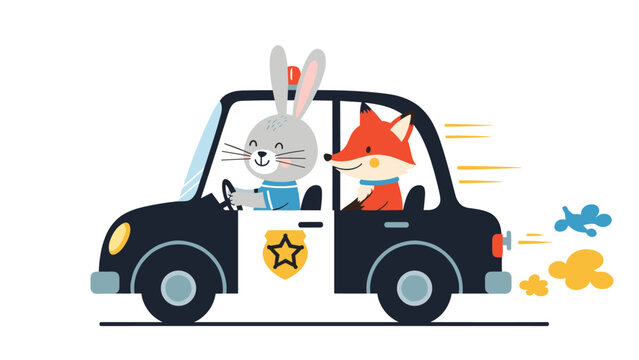Cute illustration of a friendly rabbit and a fox sitting together in a marked police car driving quickly with a siren light on top.