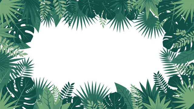 Lush tropical leaf frame featuring various species of exotic green plants like palm and monstera leaves surrounding a clean white copy space.