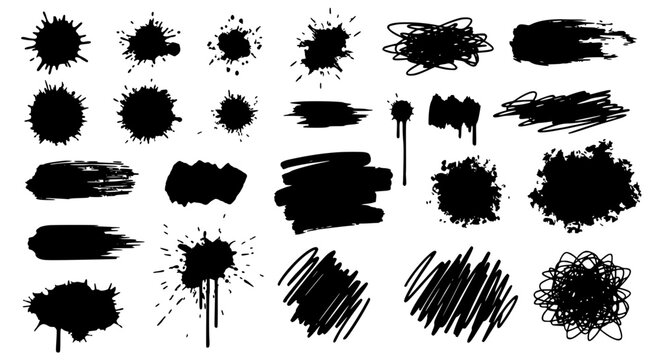 Splatter brush stroke and scribble textures in black on a white background, abstract grunge elements.