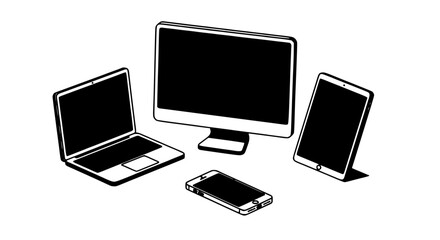 Fototapeta premium Technology devices including a laptop, desktop monitor, tablet, and smartphone rendered in a simple black and white line art style.