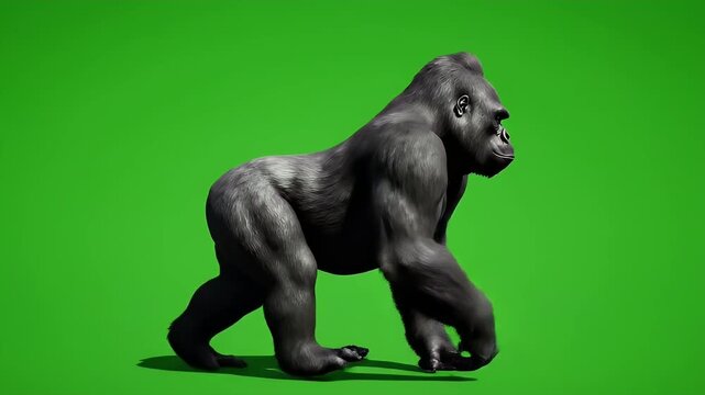 Black gorilla walking on a bright green background