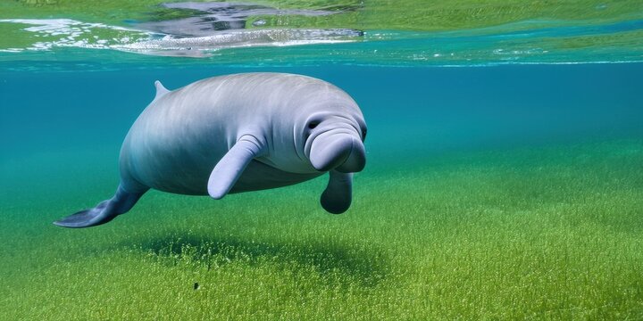 Dugong swimming underwater, seagrass visible. Turquoise water contrasts dark background. Peaceful marine life scene.
