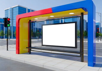 Fototapeta premium Modern bus stop with colorful shelter and blank advertisement screen in urban area
