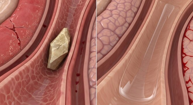 Kidney stone obstruction and ureteral stent placement medical illustration
