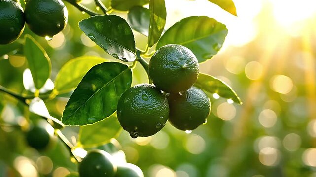 Dewy limes on tree branch with golden sunlight and bokeh