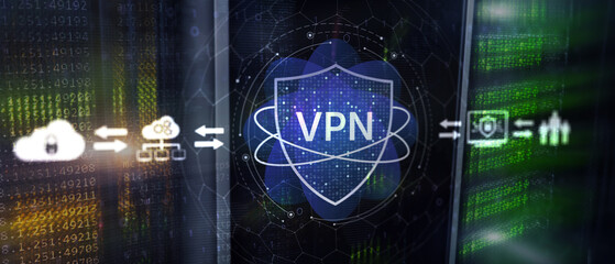 Fototapeta premium VPN Cybersecurity Network Protection Concept with Digital Shield Interface and Server Infrastructure Background