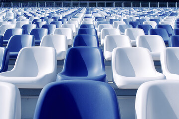 Fototapeta premium High Angle View of Repeating Blue and White Stadium Seats Creating Geometric Pattern