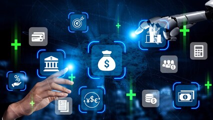 Obraz premium Futuristic Integration of Technology and Finance with Human Touch Featuring Robotic Elements and Digital Banking Concepts in Modern Business Environment Gluon.