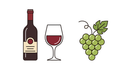 Fototapeta premium Cartoon wine bottle, a glass of red wine, and a ripe bunch of green grapes. National Wine Day