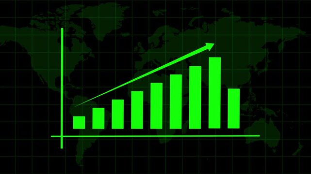 Green bar graph with upward trend overlaid on a world map background