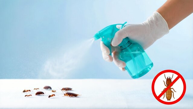 Professional pest control technician wearing white gloves sprays a targeted insecticide treatment against common household insects like ants and beetles for immediate extermination.