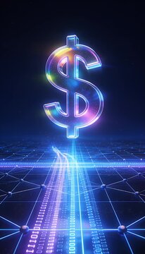Cyber security concept glowing digital dollar symbol with binary code stream on futuristic network grid highlighting finance technology protection in digital economy blue neon light